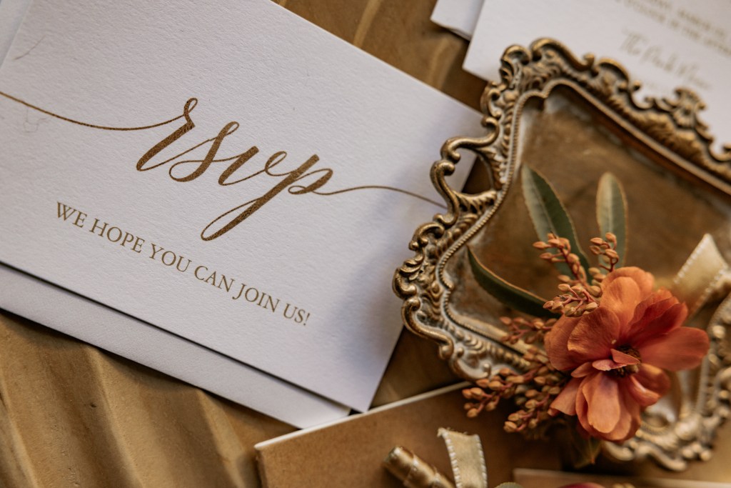 wedding detail rsvp card floral and vow book
