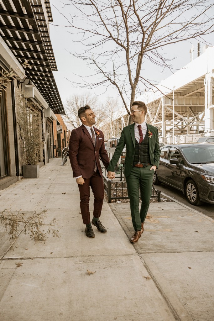 two grooms walk in Brooklyn NYC