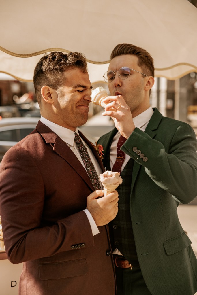 grooms eat ice cream wedding day